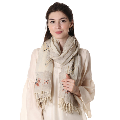 Indian Embroidered Wool Shawl with Diamond Motif - Butter Blossom | NOVICA