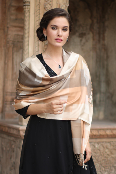 Viscose shawl, 'Earthy Story' - Indian Viscose Shawl with Geometric Pattern
