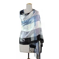 Viscose shawl, 'Blue and Grey' - Indian Grey and Black Viscose Shawl with Checkered Motif