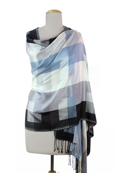 Viscose shawl, 'Blue and Grey' - Indian Grey and Black Viscose Shawl with Checkered Motif