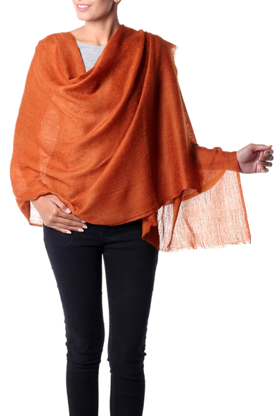 Wool shawl, 'Earthy Panache' - Jacquard Weave Sienna Wool Shawl from Indian Artisan