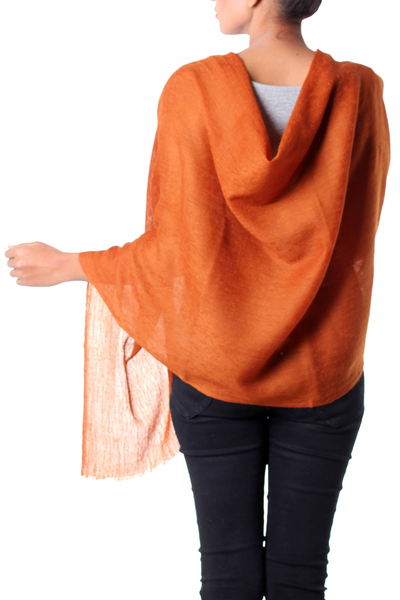 Wool shawl, 'Earthy Panache' - Jacquard Weave Sienna Wool Shawl from Indian Artisan