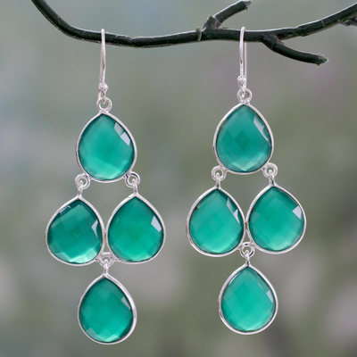 Green onyx chandelier earrings, 'Evergreen Chandelier' - Handmade Green Onyx and Sterling Silver Chandelier Earrings