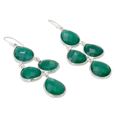 Green onyx chandelier earrings, 'Evergreen Chandelier' - Handmade Green Onyx and Sterling Silver Chandelier Earrings