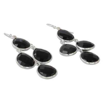 Onyx chandelier earrings, 'Midnight Chandelier' - Indian Black Onyx and Sterling Silver Chandelier Earrings