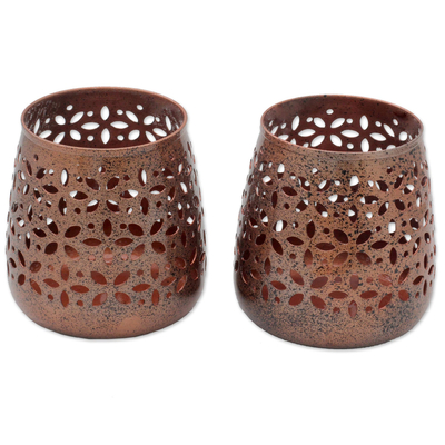 Pair of Copper Plated Steel Floral Tealight Candle Holders