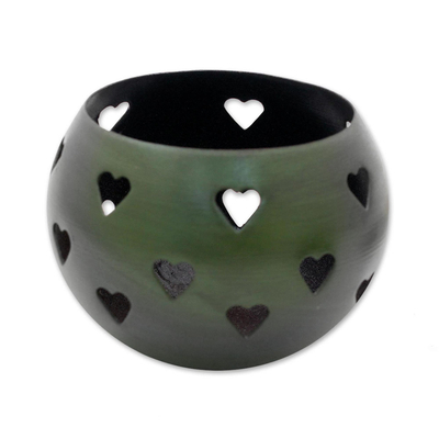 Teelichthalter aus Stahl, 'Moosgrüne Herzen' (Paar) - Teelichthalter zum Thema Herd in Moosgrün (Paar)