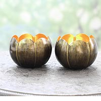 Steel tealight holders, 'Golden Scallop' (pair) - Antiqued Golden Tealight Candle Holders from India (Pair)