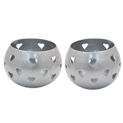 Heart Themed Silver Finish Metal Tealight Holders (Pair)