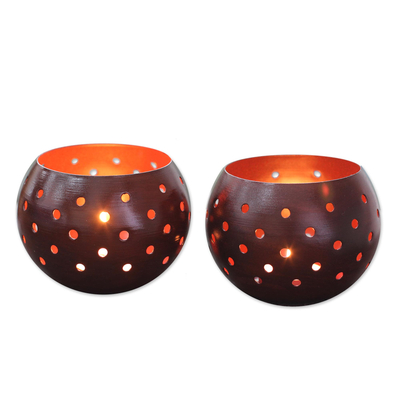 Steel tealight holders, 'Timeless Glow' (pair) - Rust Patina Tealight Candle Holders from India (Pair)