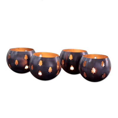 Steel tealight holders, 'Holiday Trees' (set of 4) - Steel Tealight Candle Holders in Midnight Blue (Set of 4)