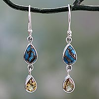 Citrine dangle earrings, 'Heavenly Light' - Citrine and Composite Blue Turquoise Dangle Earrings
