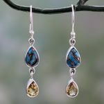 Citrine dangle earrings, 'Heavenly Light' - Citrine and Composite Blue Turquoise Dangle Earrings