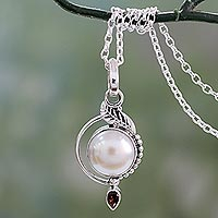 Cultured pearl and garnet pendant necklace, 'Sublime Romance' - Leaf Theme Silver and Cultured Pearl Necklace with Garnet