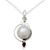 Cultured pearl and garnet pendant necklace, 'Sublime Romance' - Leaf Theme Silver and Cultured Pearl Necklace with Garnet