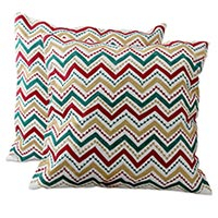Embroidered cushion covers, 'Festive Zigzag' (pair) - Fair Trade Machine Embroiderd Cushion Covers with Zippered C