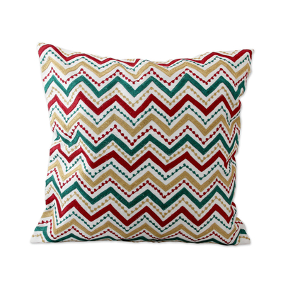 Embroidered cushion covers, 'Festive Zigzag' (pair) - Multicolored Zigzag Embroidered Cushion Covers (Pair)