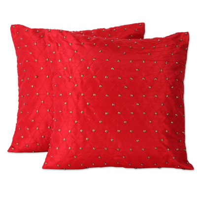 Beaded cushion covers, 'Crimson Constellation' (pair) - Set of 2 Embroidered Hand Beaded Red Cushion Covers