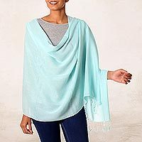 Cotton shawl, 'Aqua Caress' - Cotton Shawl in Aqua Loom Woven in India