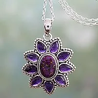 Amethyst pendant necklace, 'Ruffled Petals' - Silver Necklace with Amethyst and Composite Turquoise