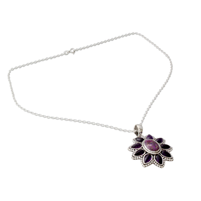 Amethyst pendant necklace, 'Ruffled Petals' - Silver Necklace with Amethyst and Composite Turquoise