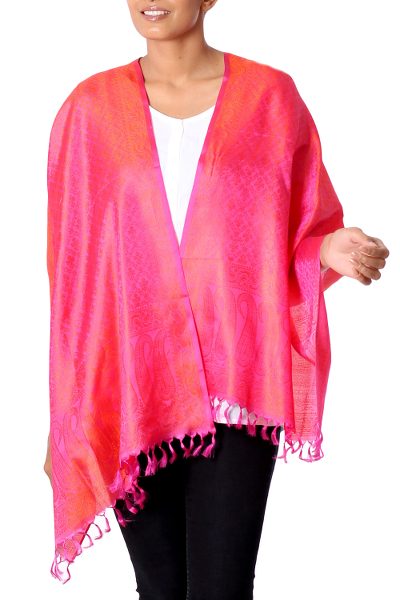 Varanasi silk shawl, 'Passionate Orange' - 100% Silk Brocade Shawl with Paisley Border Hand Crafted in
