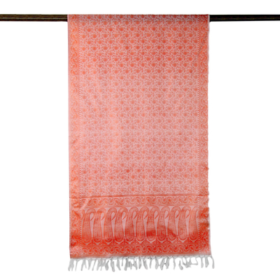 Schal aus Varanasi-Seide - Blumen-Paisley-Varanasi-Seidenschal in Orange und Weiß