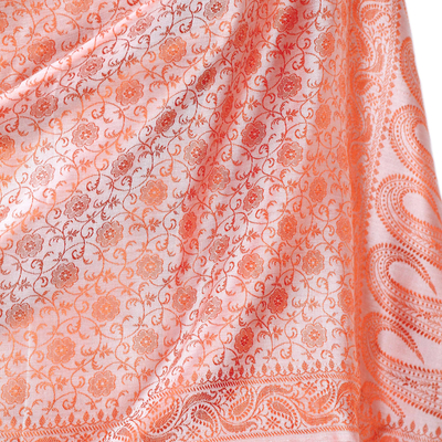 Varanasi silk shawl, 'Tangerine Ecstasy' - Floral Paisley Varanasi Silk Shawl in Orange and White