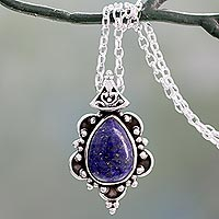 Lapis lazuli pendant necklace, 'Royal Crown' - Silver Pendant Necklace with Lapis Lazuli Cabochon