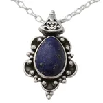 Lapis lazuli pendant necklace, 'Royal Crown' - Silver Pendant Necklace with Lapis Lazuli Cabochon
