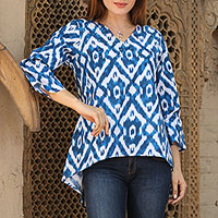 Cotton tunic, 'Azure Beauty' - Abstract Blue Screen Printed Cotton Tunic with Sequins