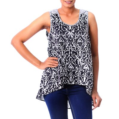 Sleeveless cotton top, 'Newly Ancient' - Black and White 100% Cotton High Low Sleeveless Top