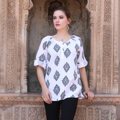 Cotton tunic, 'Diamond Leaves' - White Cotton Tunic with Black Printed Leaves from India