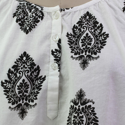 Cotton tunic, 'Diamond Leaves' - White Cotton Tunic with Black Printed Leaves from India