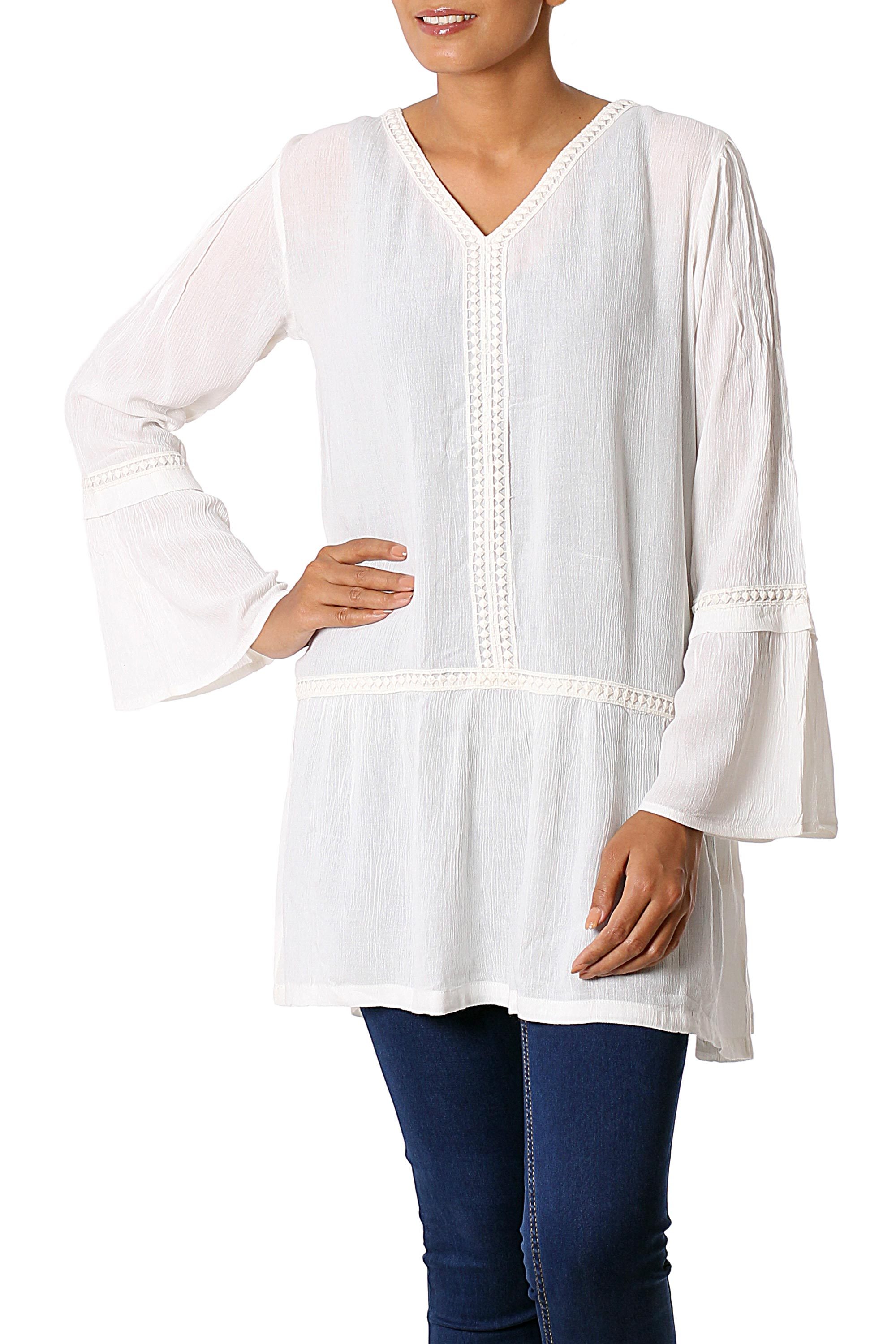 100 Viscose V Neck Tunic in Ivory from India Sophisticated Charm