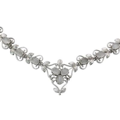 Moonstone Y necklace, 'Mumbai Blossoms' - Handcrafted Indian Moonstone and Sterling Silver Y-Necklace