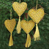 Beaded ornaments, 'Heart of the Holiday' (set of 4) - Four Handcrafted Beaded Gold Heart Christmas Ornaments
