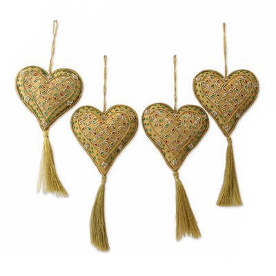 Beaded ornaments, 'Heart of the Holiday' (set of 4) - Four Handcrafted Beaded Gold Heart Christmas Ornaments
