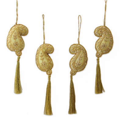 Beaded ornaments, 'Paisley Holiday' - Hand Beaded Gold Paisley Christmas Ornaments (Set of 4)