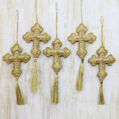 Beaded ornaments, 'Golden Cross' (set of 4) - Beaded Artisan Crafted Cross Ornaments from India (Set of 4)