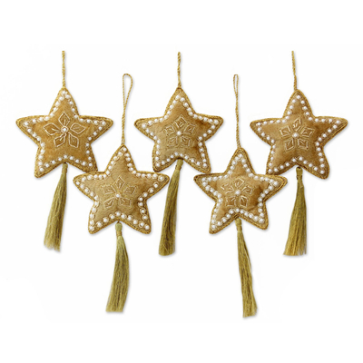 Beaded ornaments, 'Holiday Star' (set of 5) - Five Handcrafted Beaded Christmas Star Ornaments