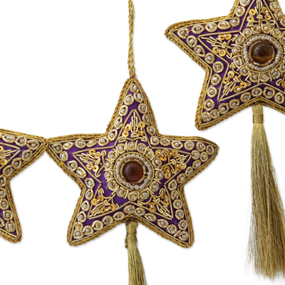 Beaded ornaments, 'Purple Star' (set of 4) - Handcrafted Beaded Purple Christmas Star Ornaments Set of 4