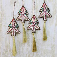 Beaded ornaments, 'Silver Pine' (set of 4) - Handcrafted Silvery Christmas Tree Beaded Ornaments Set of 4