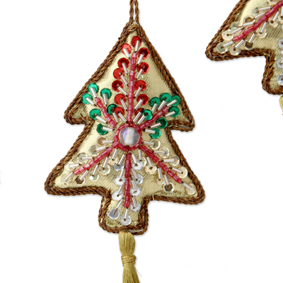 Perlenornamente, (4er-Set) - Handgefertigter silberner Weihnachtsbaum-Perlenschmuck im 4er-Set