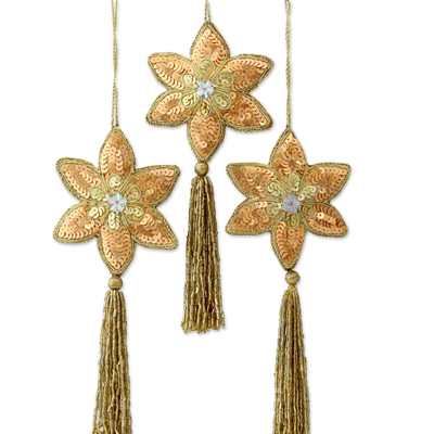 Beaded ornaments, 'Golden Poinsettia' (set of 3) - Three Gold Poinsettia Handcrafted Beaded Christmas Ornaments