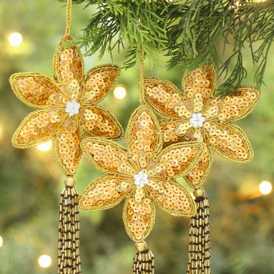 Beaded ornaments, 'Golden Poinsettia' (set of 3) - Three Gold Poinsettia Handcrafted Beaded Christmas Ornaments