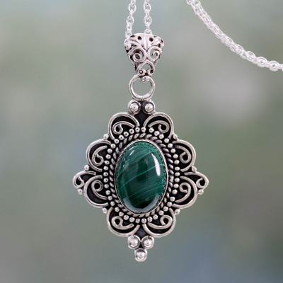 Malachite pendant necklace, 'Captivating Forest' - Natural Malachite Pendant Necklace in 925 Sterling SIlver