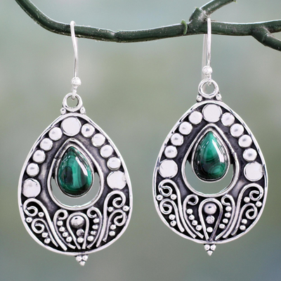 Malachite dangle earrings, 'Jaipuri Princess' - Ornate Sterling Silver Dangle Earrings with Malachite