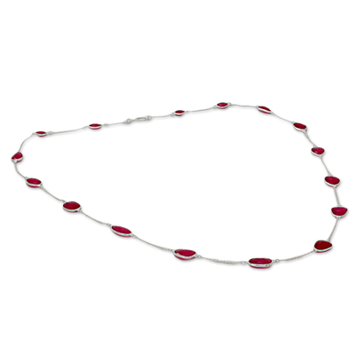 Quartz station necklace, 'Pink Duduma Majesty' - Long Sterling Silver and Pink Quartz Station Necklace
