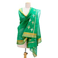 Cotton and silk shawl, 'Forever Emerald' - Emerald Green Cotton and Silk Shawl with Golden Flowers